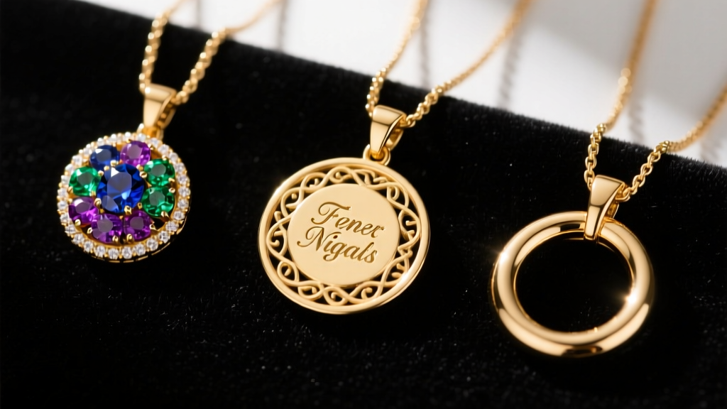 Three gold nana pendants on dark velvet: a birthstone cluster, an engraved disc, and interlocking rings, shot from a top-down viewpoint.
