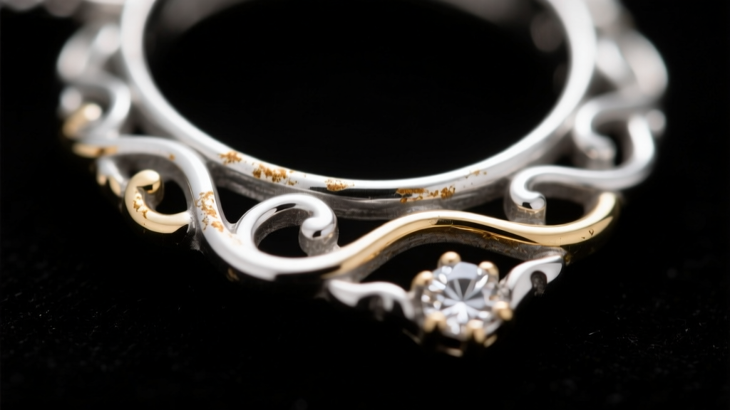 Macro shot of tarnished 925 silver pendant edges next to bright rhodium-plated white gold filigree under intense studio lighting.