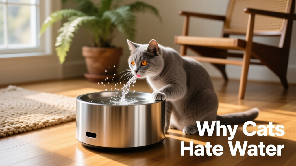 Cat drinking from a sleek, modern cat water fountain on the floor