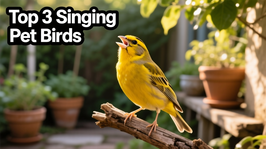 A male canary singing on a branch, head raised, throat feathers visibly vibrating