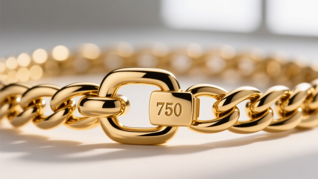 Close-up of a lobster clasp on an 18k gold rolo chain, highlighting the stamped 750 hallmark and flawless metal finishing.