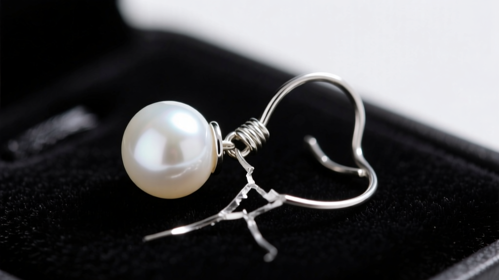 Close-up of a broken 24-gauge silver wire wrapped around a white pearl earring on dark velvet, highlighting the snapped wire end.