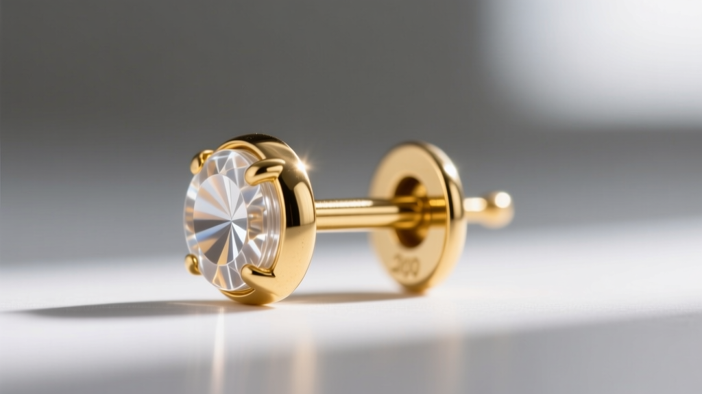 Close-up of a 20-gauge gold earring post coated with a clear protective polymer layer to prevent copper-induced skin staining