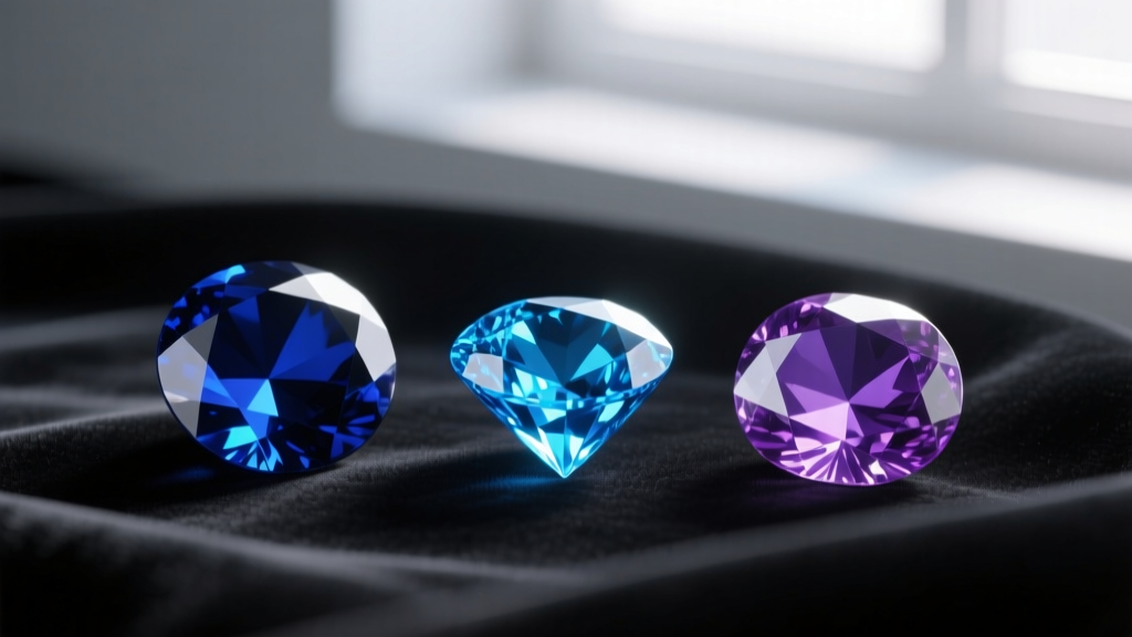 Macro photography of three loose gemstones: a deep sapphire, a vibrant London blue topaz, and a violet tanzanite on black velvet