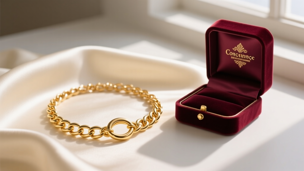 14k solid gold Ring Concierge Macaroni Necklace resting on cream silk fabric next to an open velvet gift box in soft morning light