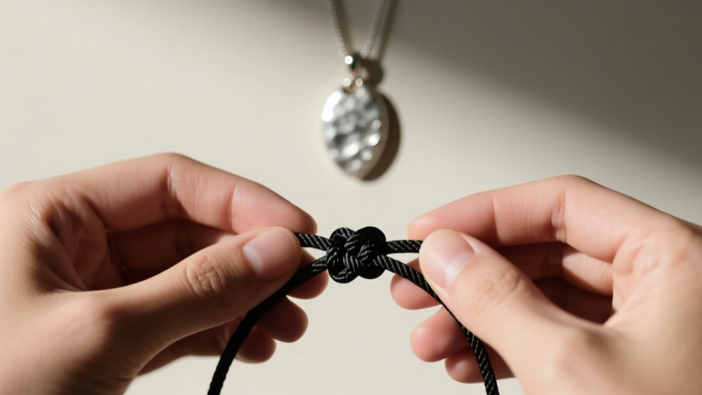 Close-up of hands tying a sliding macrame knot on black nylon cord, with a silver pendant in a softly blurred background