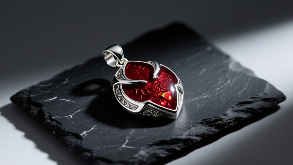 Sterling silver Amulet of Fury pendant with deep red vitreous enamel resting on a dark slate surface under dramatic studio lighting