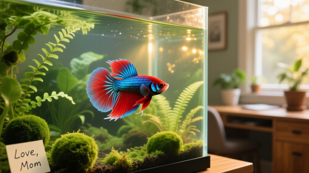 A vibrant betta fish swimming gracefully in a well-planted, clean aquarium