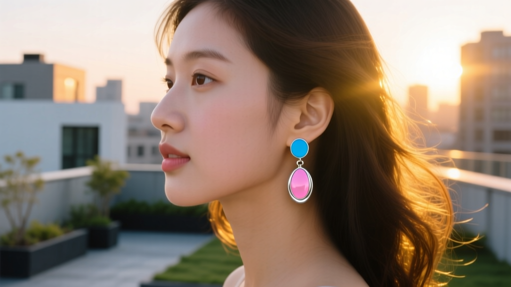 Side profile of a young woman with a round face wearing Y2K enamel drop earrings, illuminated by bright, warm golden hour sunlight.