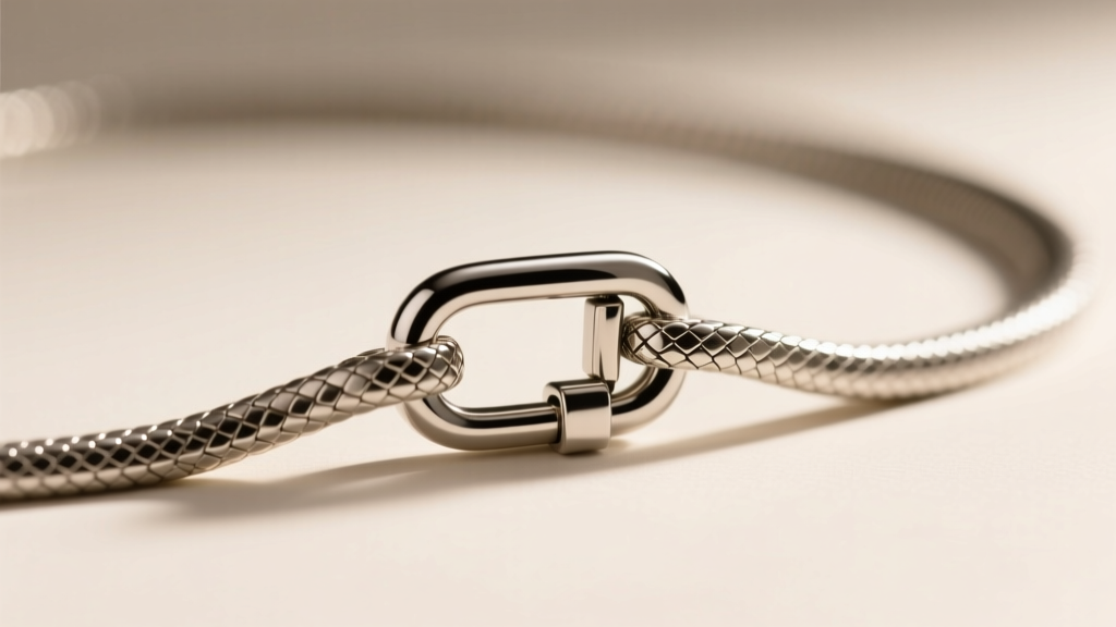 Close-up of a neodymium magnetic clasp on a delicate aluminum snake chain, showcasing the seamless and hidden connection point.