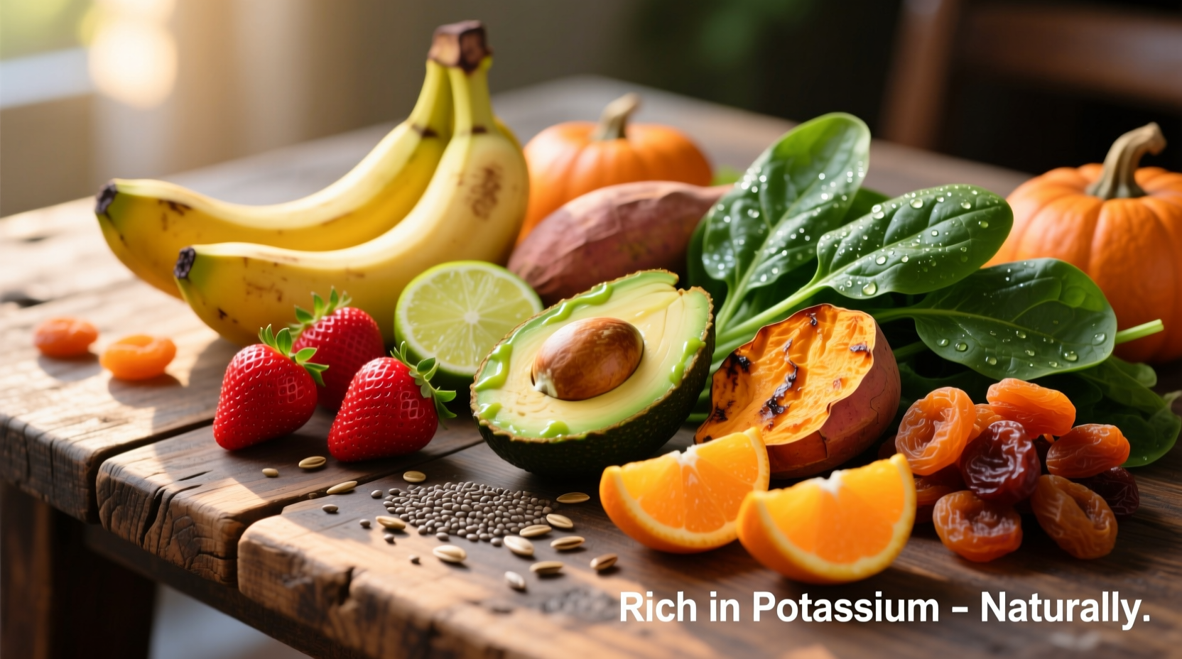 Colorful array of potassium-rich foods on wooden table