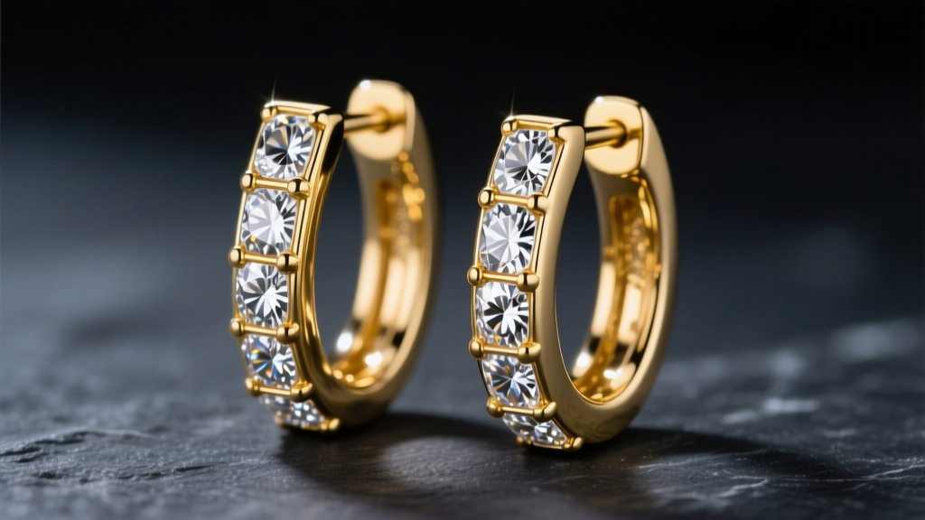 Macro shot of 14k yellow gold baguette huggie earrings with channel-set diamonds on dark slate, highlighting stone facets