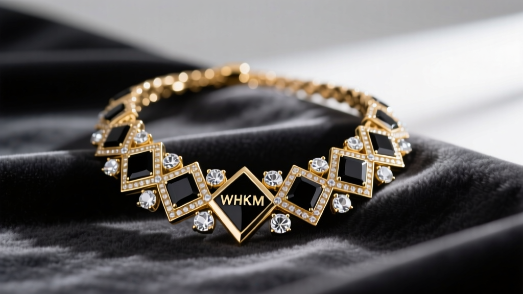 Macro shot of a gold-tone WHBM statement necklace with black enamel and glass rhinestones resting on dark velvet fabric.