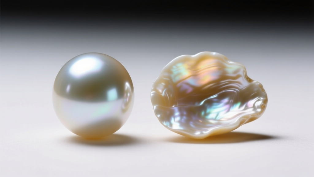 Macro photography comparing a round glass pearl to an irregular baroque freshwater pearl with visible nacre ridges and warm luster