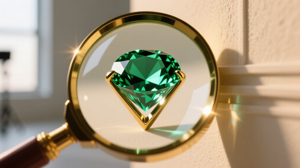 Close-up of a loupe examining an emerald cut diamond corner, revealing precise V-prong setting alignment in warm light.