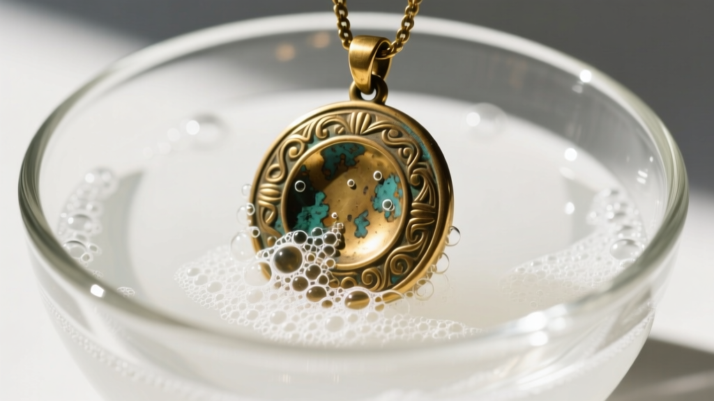 Tarnished brass artifact pendant submerged in a glass bowl of white vinegar and salt solution, showing active bubbling reaction.