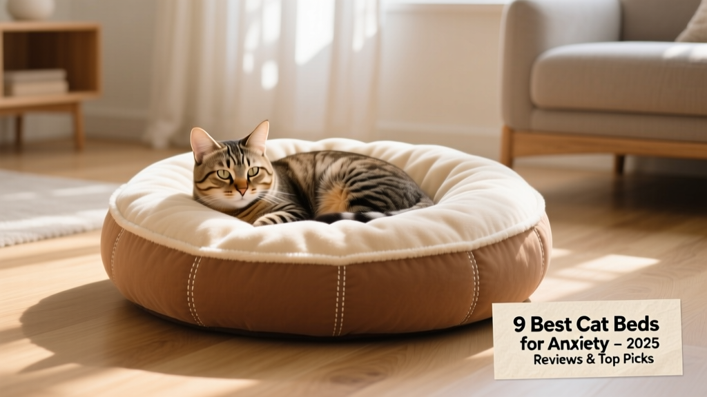 A calm, relaxed cat curled up inside a plush, donut-shaped bed with raised edges
