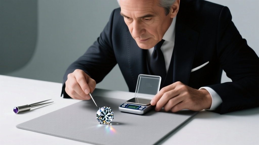 Appraiser using a digital scale and master stones to grade a vintage diamond solitaire on a neutral grey mat.