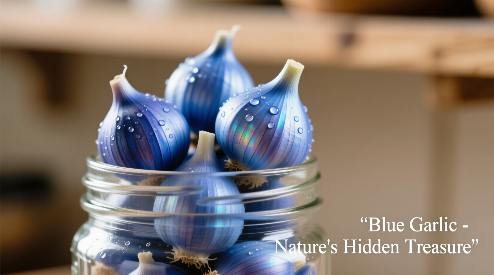 Close-up of blue garlic cloves in mason jar