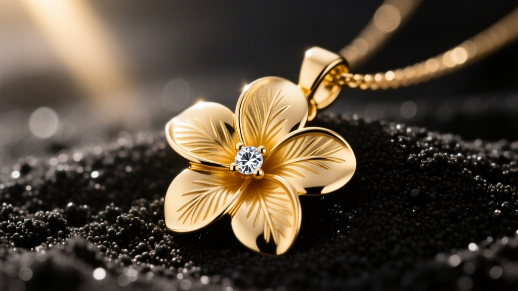 Close-up of a 14k gold Hawaiian plumeria pendant on black sand, showing engraved petal veins and a diamond center in warm light.