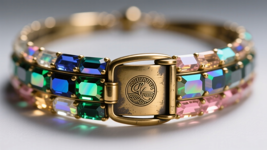 Extreme close-up of a vintage brass fold-over clasp with a makers mark on a layered aurora borealis crystal collar necklace