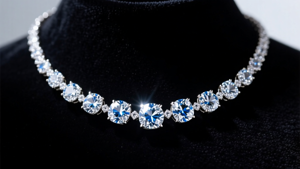 Close-up of a vintage-style five-carat diamond riviere necklace resting on dark velvet, illuminated by dramatic spotlighting.