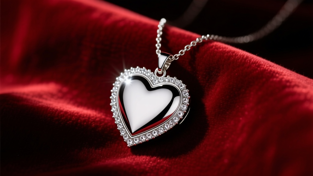 Close-up of a silver heart pendant necklace with rhinestone outline on dark red velvet, moody cinematic lighting, Y2K aesthetic