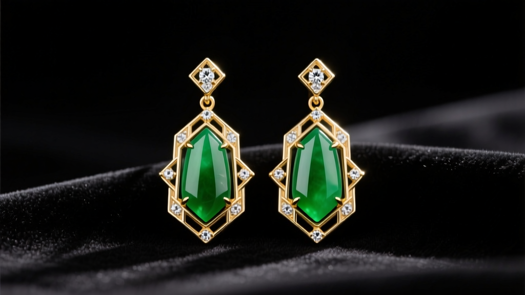 Macro shot of antique Art Deco jadeite drop earrings in 18k gold with diamond accents on dark velvet under warm studio lighting.