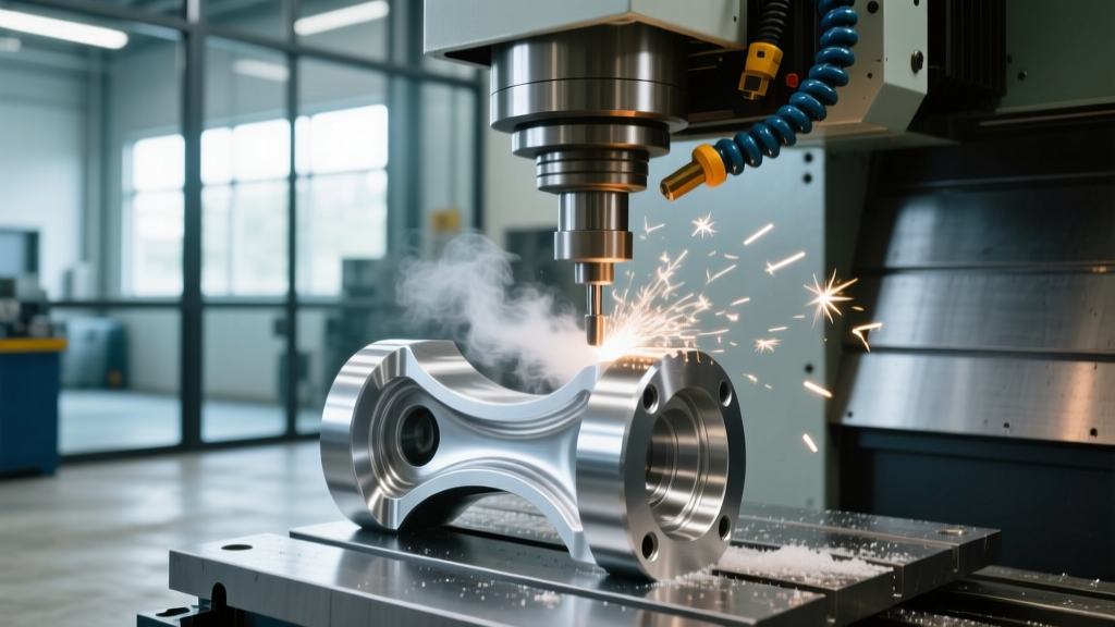 5-axis CNC machine milling an automotive aftermarket suspension knuckle from a solid billet of aluminum in a Savannah facility