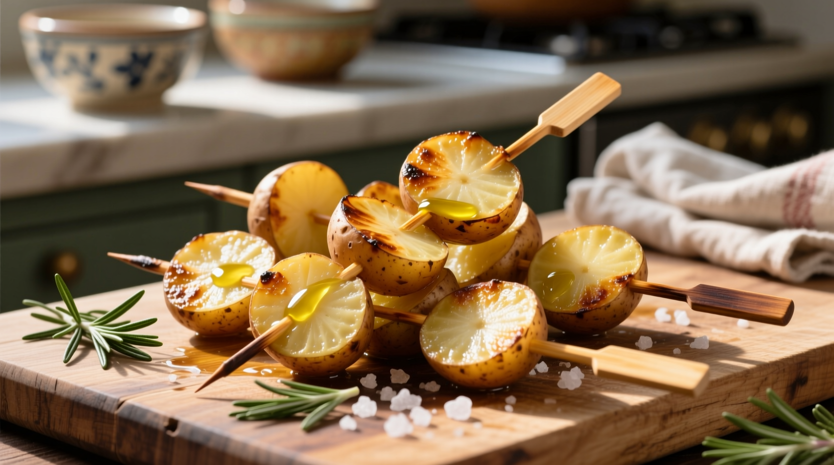 Golden brown potato slices on wooden skewers