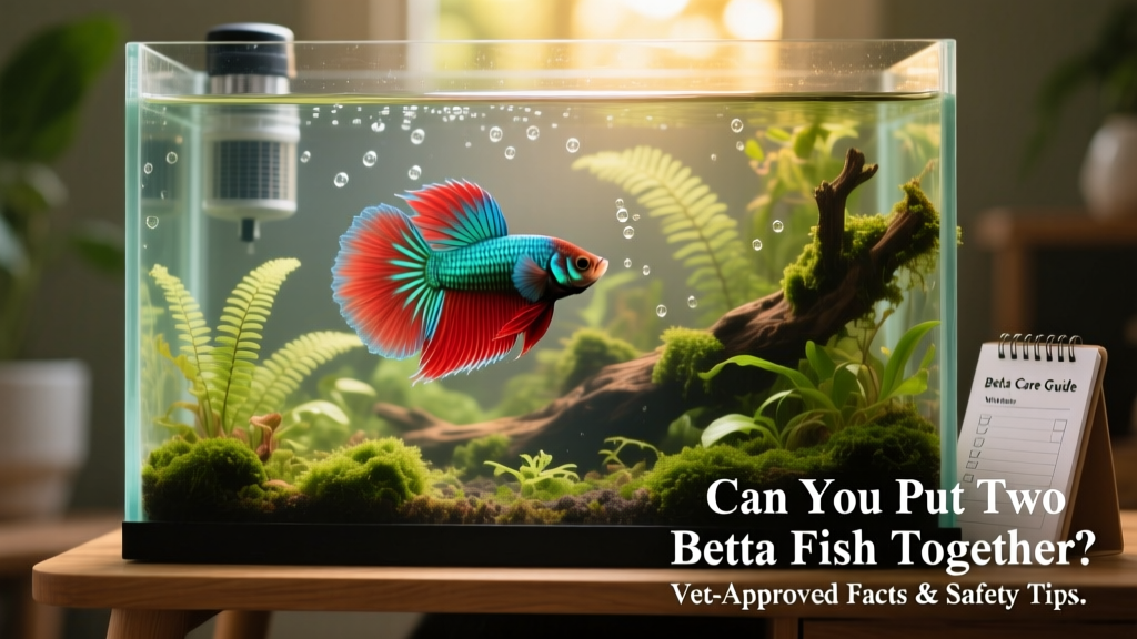 A single vibrant male betta fish flaring gently in a well-planted, filtered aquarium