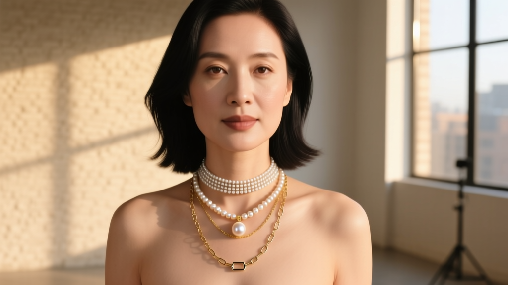 Woman wearing a layered stack with a 16-inch choker, 18-inch pearl pendant, and 20-inch matinee chain in natural daylight.