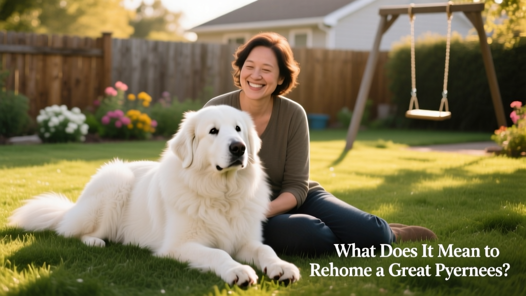 A calm, white Great Pyrenees sitting beside a smiling adult on a grassy yard, illustrating trust and connection