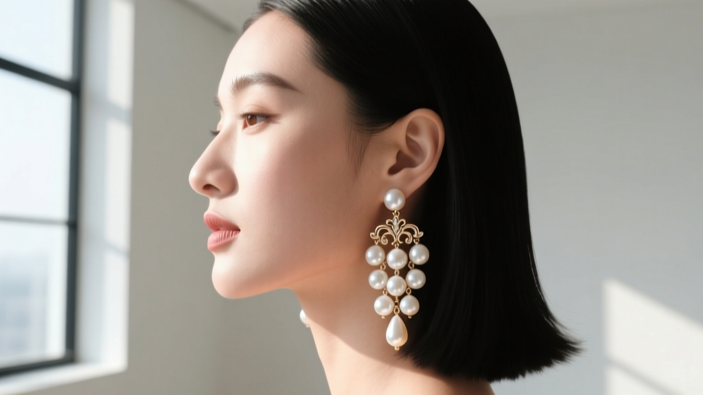 Side profile of a woman wearing baroque pearl grape cluster earrings, showcasing drop length against jawline, natural daylight