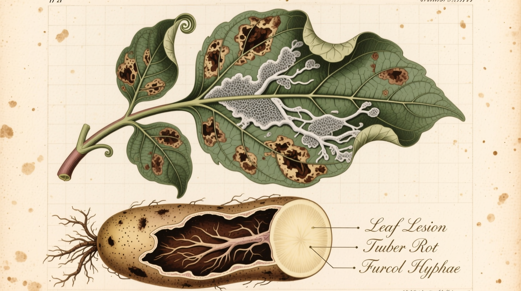 Historical illustration of potato blight damage on leaves and tubers