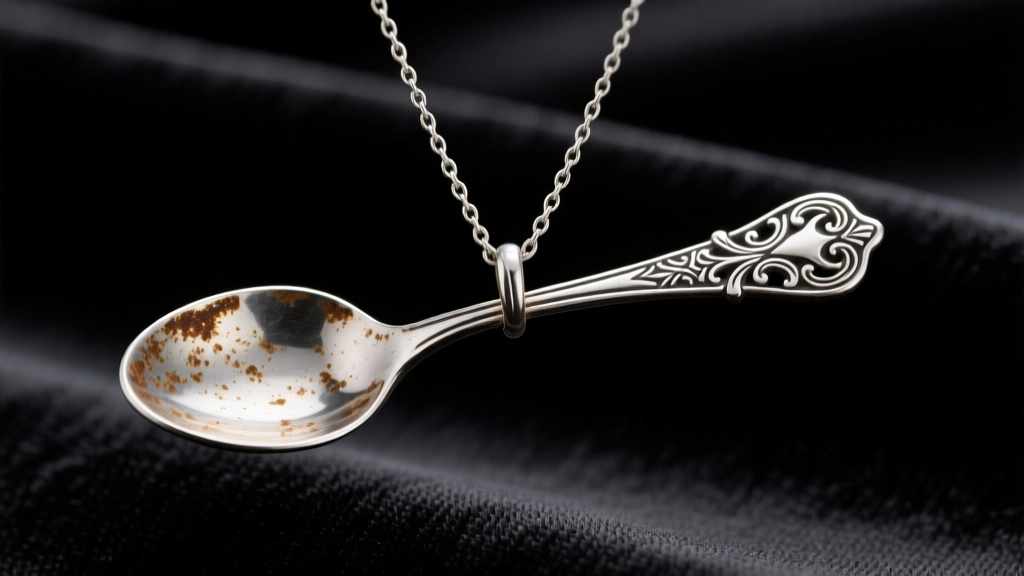 Close-up of an oxidized sterling silver vintage demitasse spoon pendant on a delicate 1mm cable chain against dark velvet.