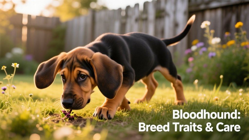 A bloodhound puppy playfully exploring a grassy yard, ears flopping as it sniffs the ground