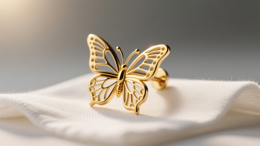 Macro photo of a gold butterfly earring back resting on a microfiber cloth, illuminated by soft, warm studio lighting.