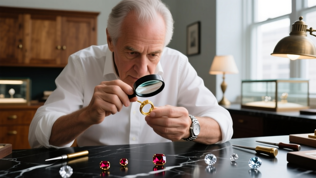 Close-up of a jeweler's loupe examining the 925 hallmark stamped inside a sterling silver band adorned with pave-set diamond chips