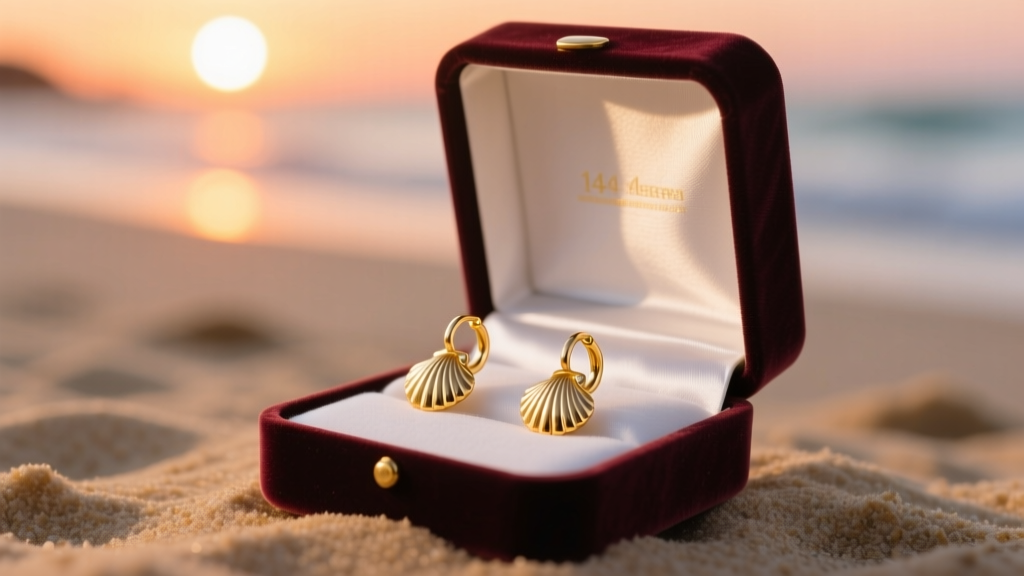 Open velvet gift box on sand at sunset revealing 14k gold seashell hoop earrings on white silk, soft warm coastal lighting