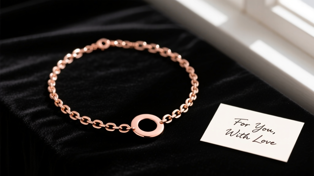 Gift box displaying a rose gold dual-chain spacer necklace with two holes, resting on dark velvet next to a small handwritten card