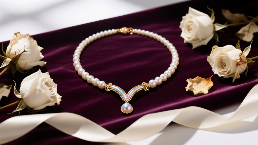 Flat lay gift box presentation of a baroque pearl Y lariat necklace on velvet, surrounded by dried white roses and a silk ribbon
