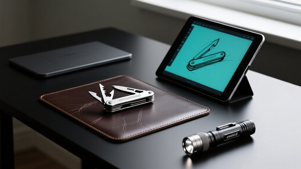 Matte black desk setup with a titanium multi-tool, color e-ink tablet, and tactical flashlight resting on a dark leather mat.