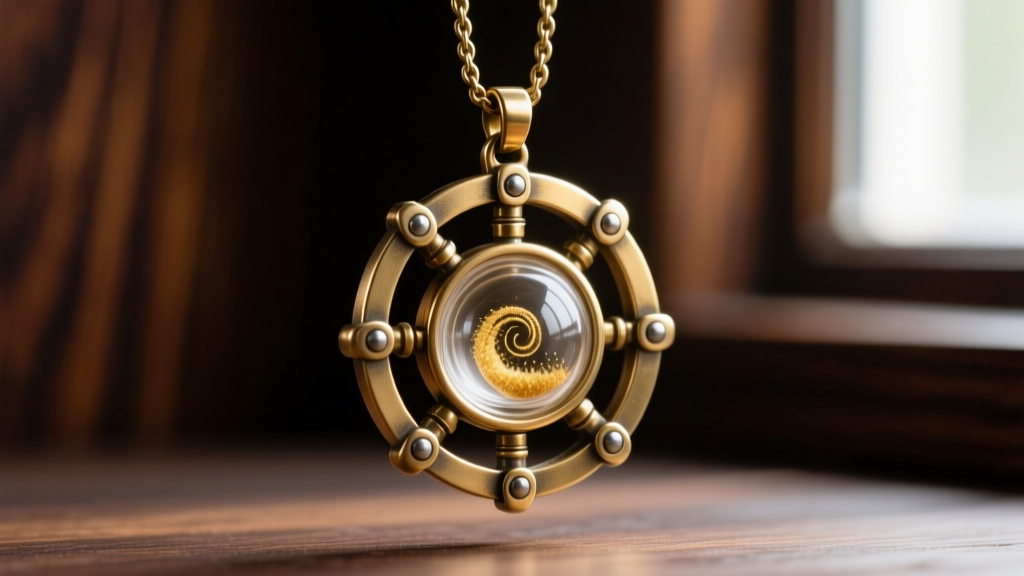 Brass time turner pendant side profile showing steel rivet joints and glass vial, set against a blurred dark oak background.