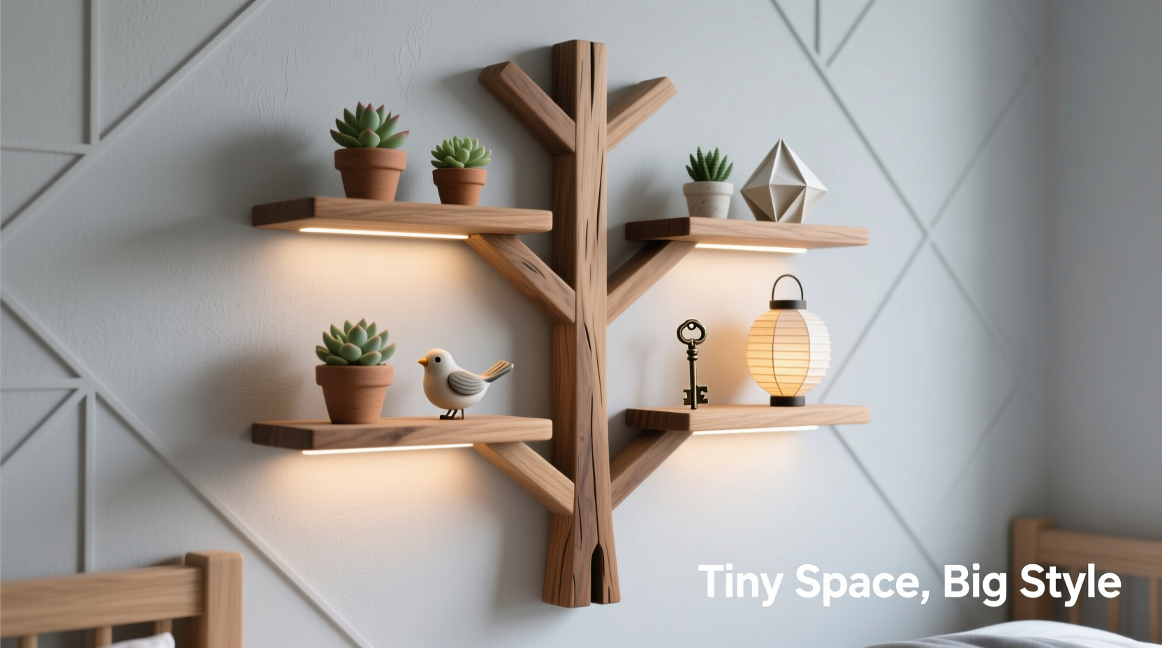 how to make a floating shelf tree display for tiny homes or dorm rooms