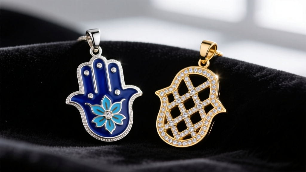 Macro shot comparing a sterling silver hamsa pendant with blue enamel to a 14k gold vermeil hamsa with diamond pavé on velvet