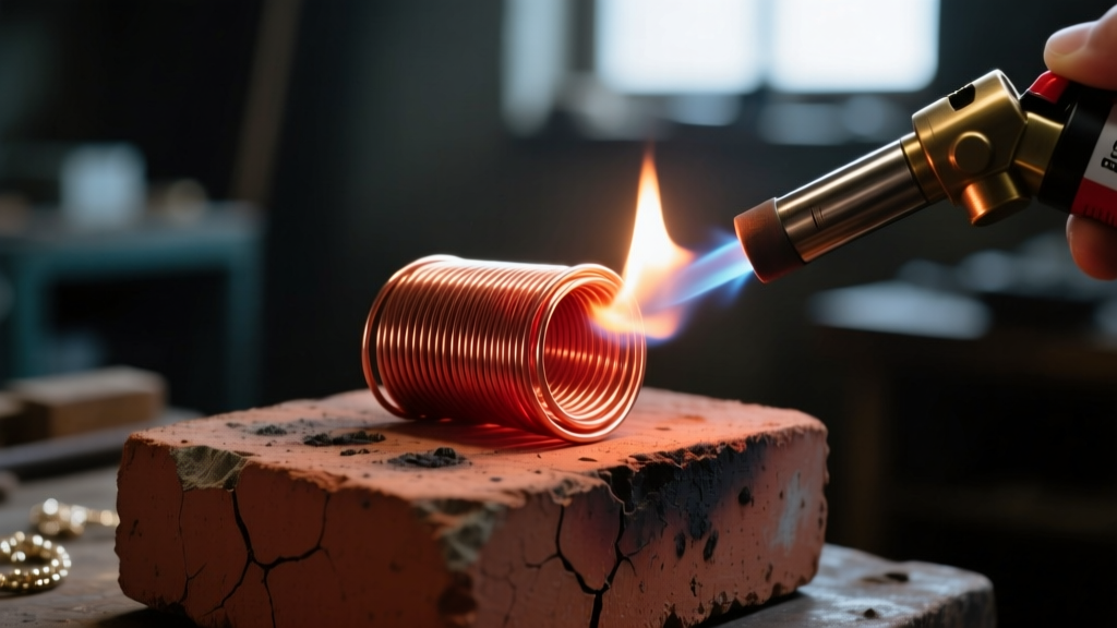Butane torch heating a copper wire coil to a dull red glow on a firebrick block in a dimly lit jewelry workshop