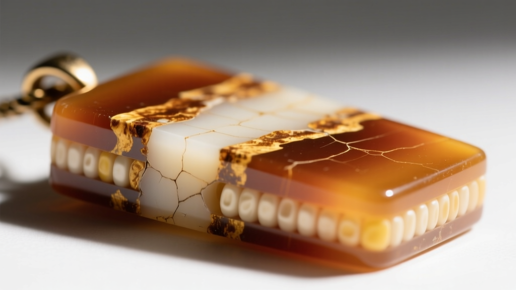 Side profile of a laminated bakelite pendant showing layers of butterscotch and creamed corn phenolic resin with an aged patina