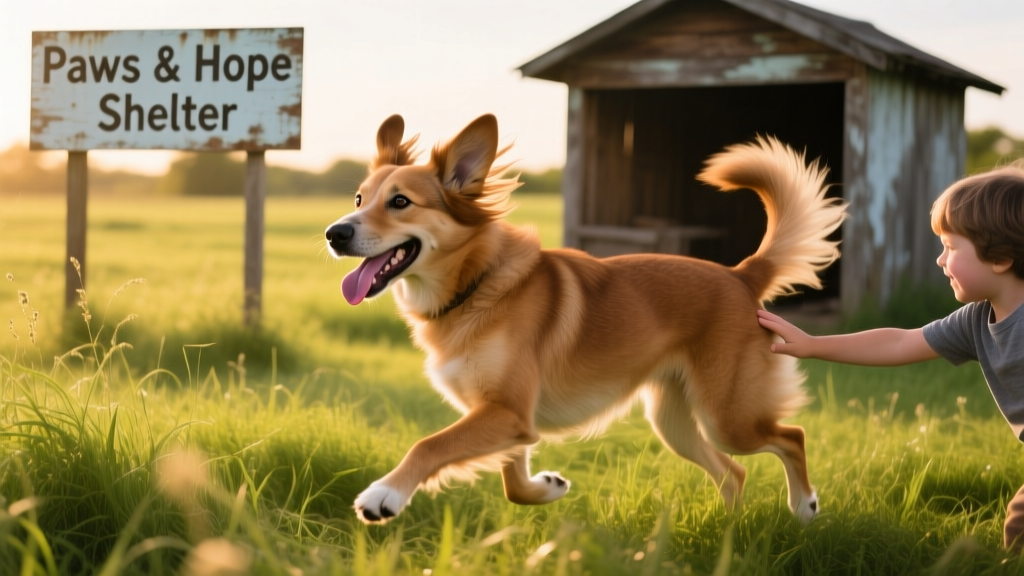 Lady mid-gallop across a sunny field, ears flying, joyful expression