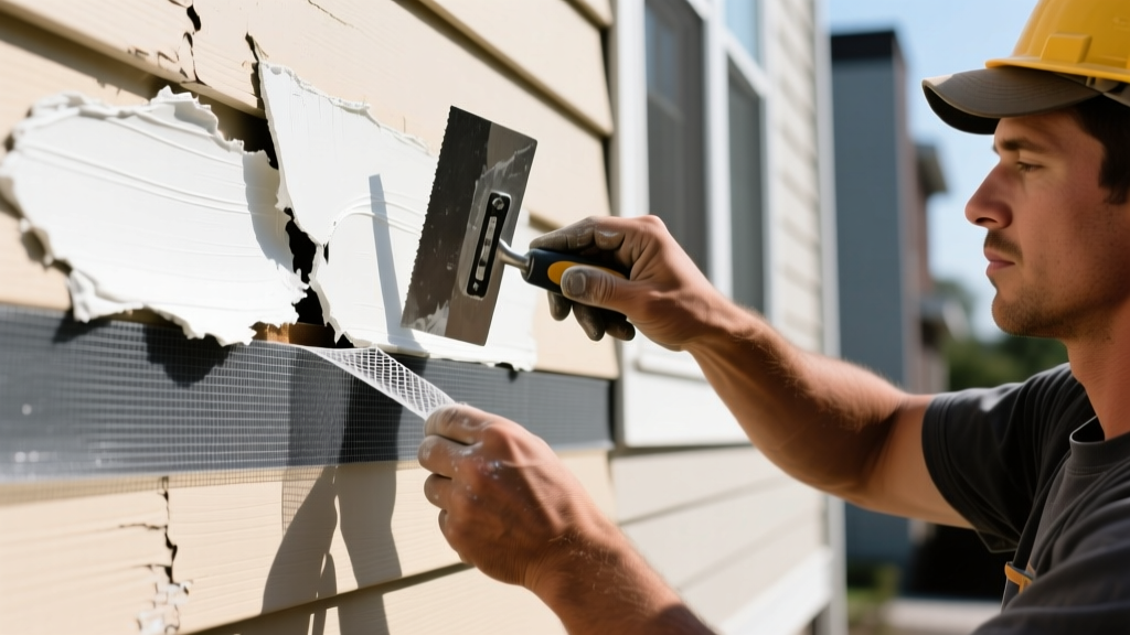 Contractor repairing torn fiberglass mat on exterior gypsum sheathing using alkali-resistant mesh tape and setting compound